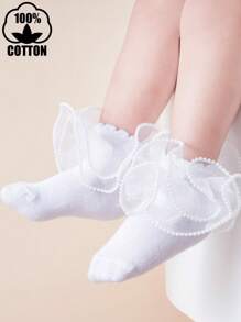 1 Pair Kids/Children Solid Color Fashionable Versatile Dance Princess Lace Trim Cotton Crew Socks - White - View 1