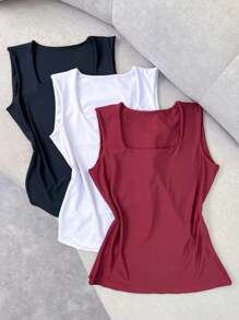 Kit Of 3 Women's Blouses With Square Neckline And Straight Suplex - 酒紅色 - 查看 1