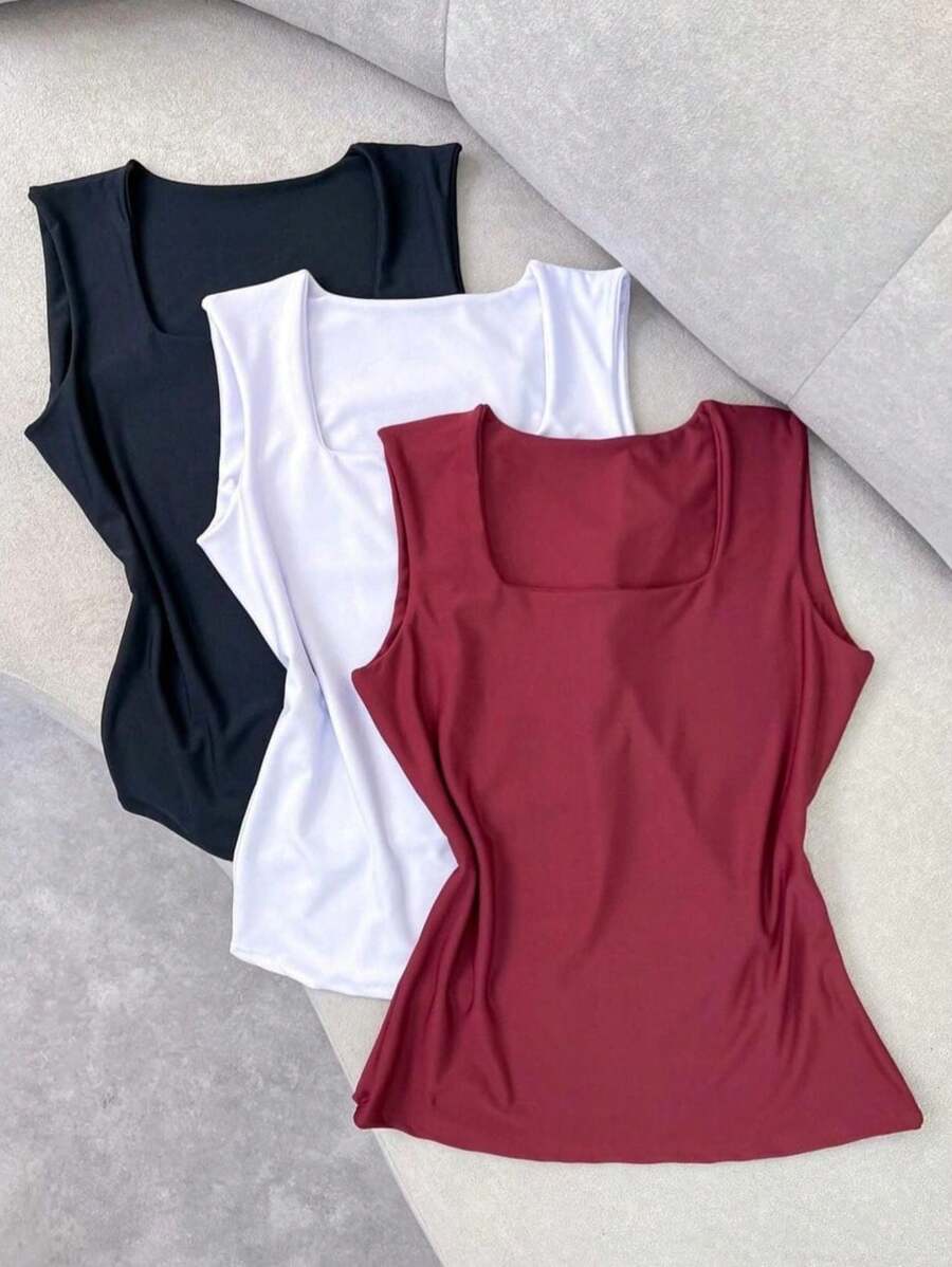 Kit Of 3 Women's Blouses With Square Neckline And Straight Suplex - 酒紅色 - 查看 1