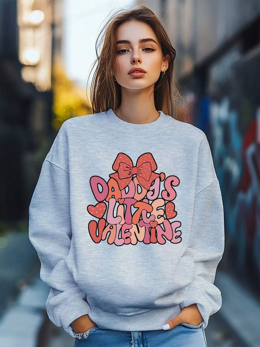Women's  Valentine's Day Love Bow Cut Print Sweatshirt Pullover Fall Loose Fashion Long Sleeve Crew Neck Sweatshirt Casual Comfy Clothes - Grey - View 1