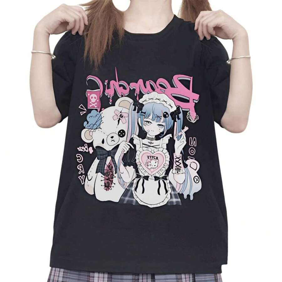 Harajuku Kawaii Pastel Goth Fashion Casual Style Soft Crewneck Cartoon Girl With Crying Bear Print T-Shirt - 黑色 - 查看 1