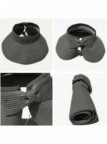 Sombrero de paja de verano, sombrero de ala ancha plegable de color sólido, estilo bohemio, protección UV de verano, protección contra la radiación - Negro - Ver 1