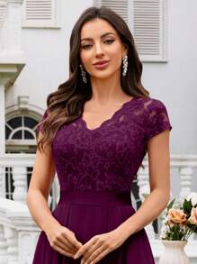 MIUSOL Vestido elegante de chifón para fiesta formal, boda o evento, con cuello en V de encaje floral, mangas cortas y bajo plisado