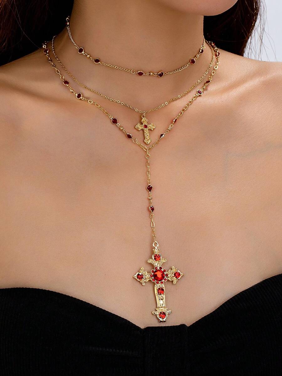 3pcs Beaded Necklace Set, Y-Shaped Chain Cross Necklace, Layered Beaded Necklace, Red Necklace, Layered Crystal Chain Necklace With Cross Pendant - Multicolor - View 1