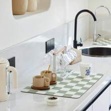 1pc Checkered Dish Drying Mat For Kitchen Counter Coffee Bar Coffee Station Accessories Retro Aesthetic 24"X16"Cute Absorbent Coffee Mat Kitchen Drying Mat Easy To Clean Coffee Bar Decor