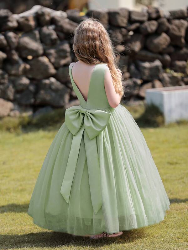 Tween Girl Light Green Flower Girl Dress With Big Bow, Long Formal Bridesmaid Dress