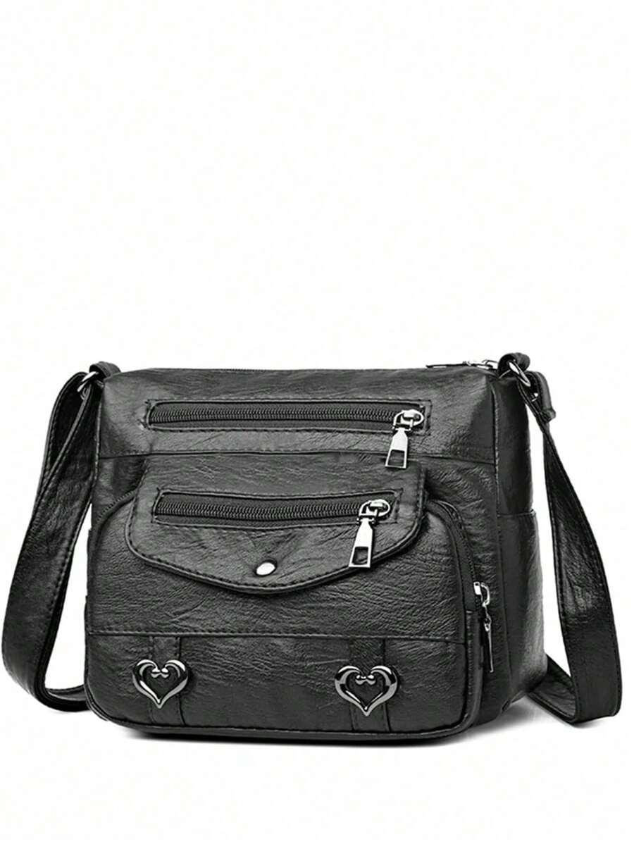 Bolso de mujer nuevo para 2025, moda con gran capacidad, bolso de hombro, tacto suave, unicolor, adecuado para madres, gran capacidad, múltiples bolsillos, bolso de mensajero - Negro - Ver 1
