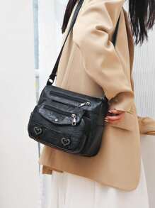 Bolso de mujer nuevo para 2025, moda con gran capacidad, bolso de hombro, tacto suave, unicolor, adecuado para madres, gran capacidad, múltiples bolsillos, bolso de mensajero - Negro - Ver 6