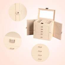 Frebeauty Large Jewelry Box,6-Tier PU Leather Jewelry Organizer,Multi-Functional Storage Case With Mirror,Accessories Holder With 5 Drawers For Necklace Bracelets Watches - Màu be - Xem 4