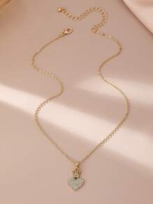 1pc Fashionable & Elegant Gold Metal Heart Crown Rhinestone Pendant Necklace, Suitable For Women's Daily, Date, Valentine's Day Outfit - Yellow Gold - View 5