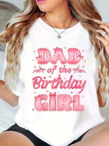 100% Cotton Dad And Mom Of The Birthday Girl Coquette Bow Family Party T-Shirt Print Round Neck Short Sleeve T-Shirt For Women Casual, Summer, Women Top Graphic Tees Women Tops