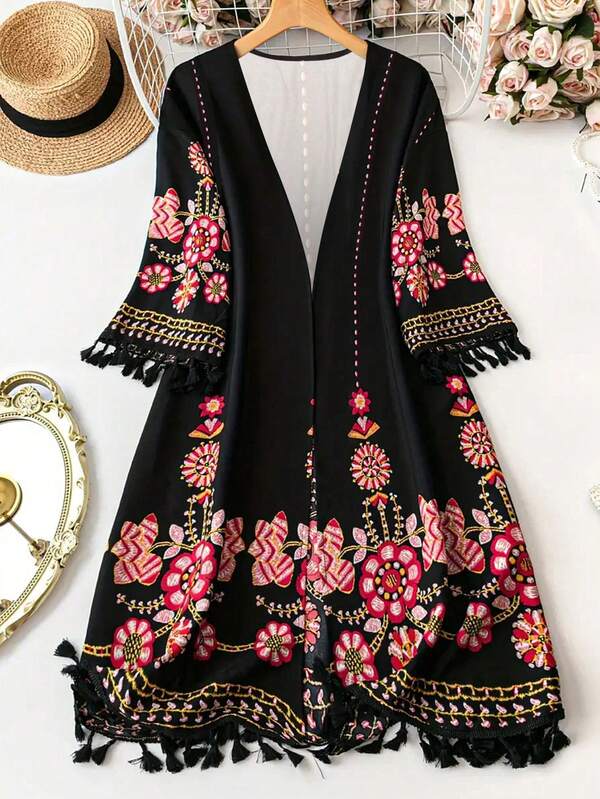 Women Elegant Floral Fringe Kimono, Minimalist Fashion Casual Daily Wear, For Summer Beach Vacation