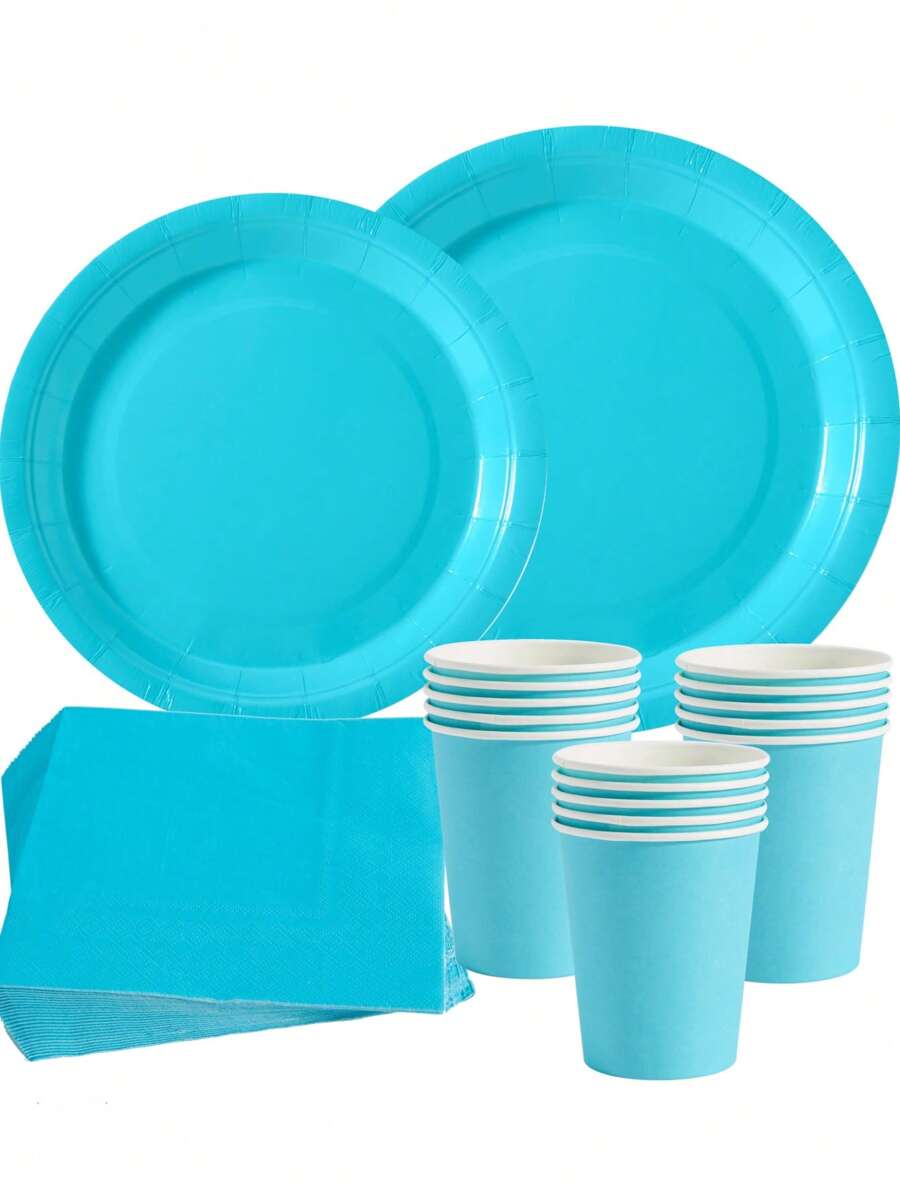 浅蓝色一次性盘子、餐巾和杯子，适合 25 位客人，一次性纸盘派对用品适合生日、婚礼、派对、家庭野餐 - 淺藍色 - 查看 1