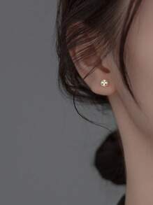 1 对简约优雅 S925 纯银迷你四叶草耳钉，镶嵌锆石，适合女士女孩复古派对约会礼物日常佩戴生日礼物 - 金色 - 查看 2