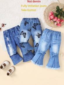 3pcs Baby Girl Denim Effect Flared Pants Casual Bottoms Set