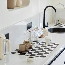 1pc Checkered Dish Drying Mat For Kitchen Counter Coffee Bar Coffee Station Accessories Retro Aesthetic 24"X16"Cute Absorbent Coffee Mat Kitchen Drying Mat Easy To Clean Coffee Bar Decor