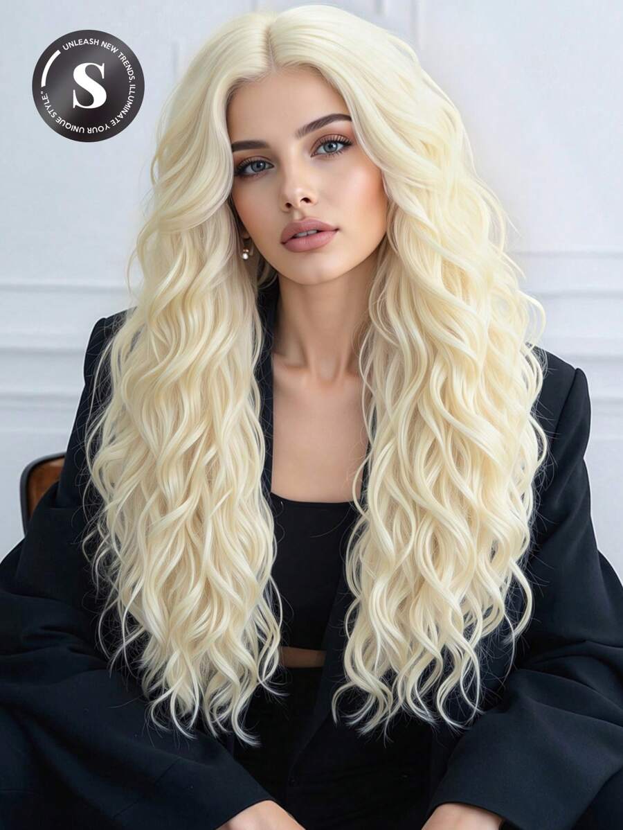 28英寸长波浪卷无刘海合成假发：外观自然，耐热，适合派对、角色扮演和日常佩戴 - 金色 - 查看 1