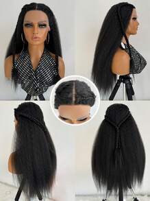 Kinky Straight Lace Front Wig 28Inch Synthetic T-Part 13x5x1 Long Lace Wigs Afro Yaki Straight Wigs Ombre Brown