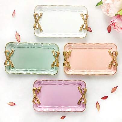 1pc Vintage Resin Rectangular Tray With Bow Tie, Classic Tray, Multifunctional Desktop Jewelry Tray, Home Decor, Jewelry And Cosmetic Storage Box, Ideal Back To School Gift