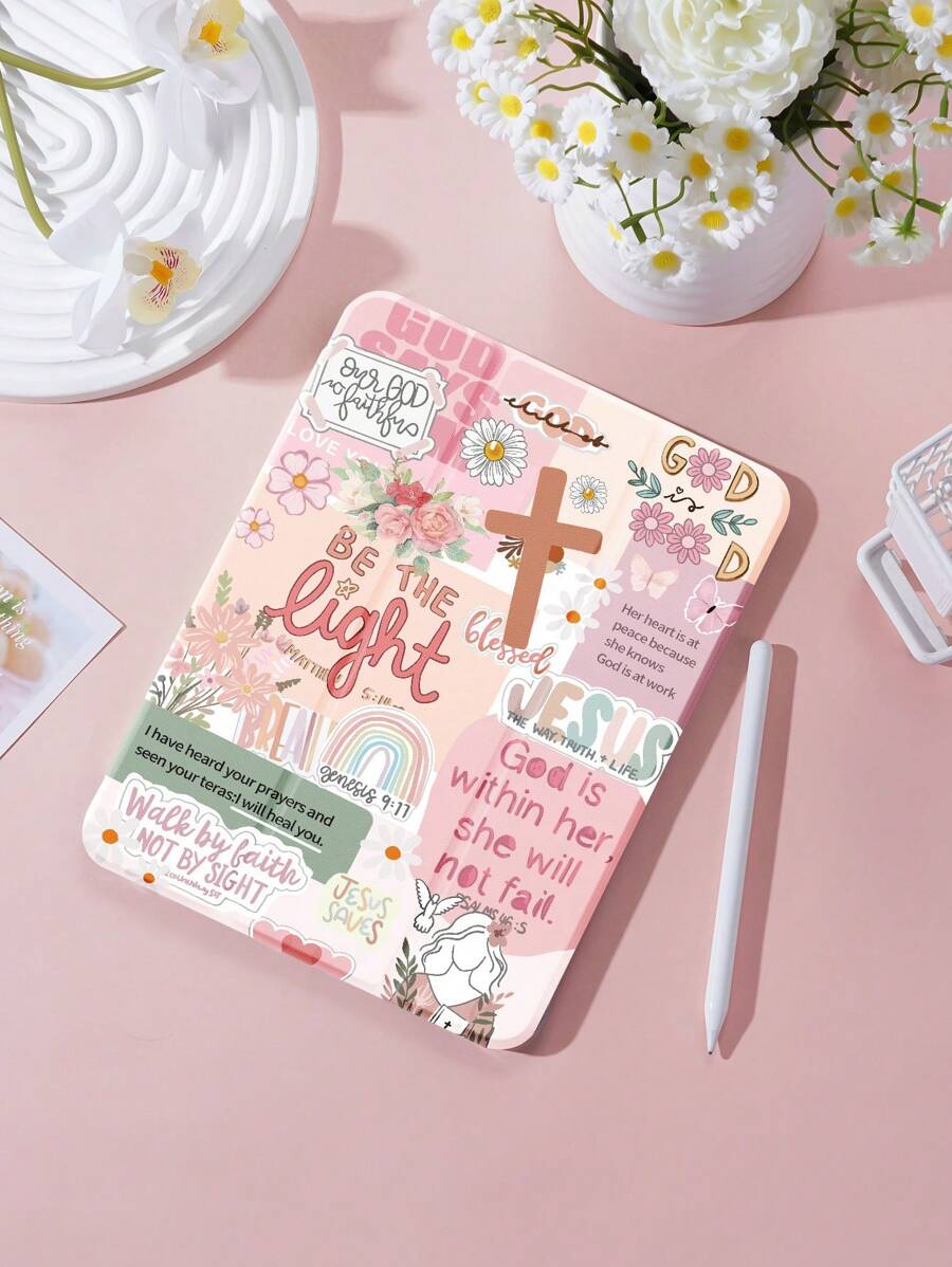 1 个十字和字母图形扁平保护壳，适用于 iPad 10.2 英寸、iPad Pro 11 英寸 2021/2020/10 代、iPad Mini 4/5/6、Galaxy Tab A8 10.5 英寸 2022、Matepad 10.4 英寸/Tab，带铅笔槽，防摔，平板电脑支架保护套 - 彩色 - 查看 1