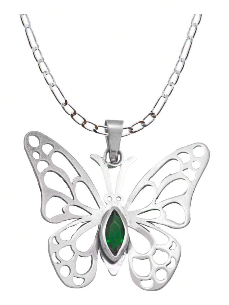Dije Mariposa Grande Zirconia Con Cadena Reglo Plata 925 - Verde - Ver 1