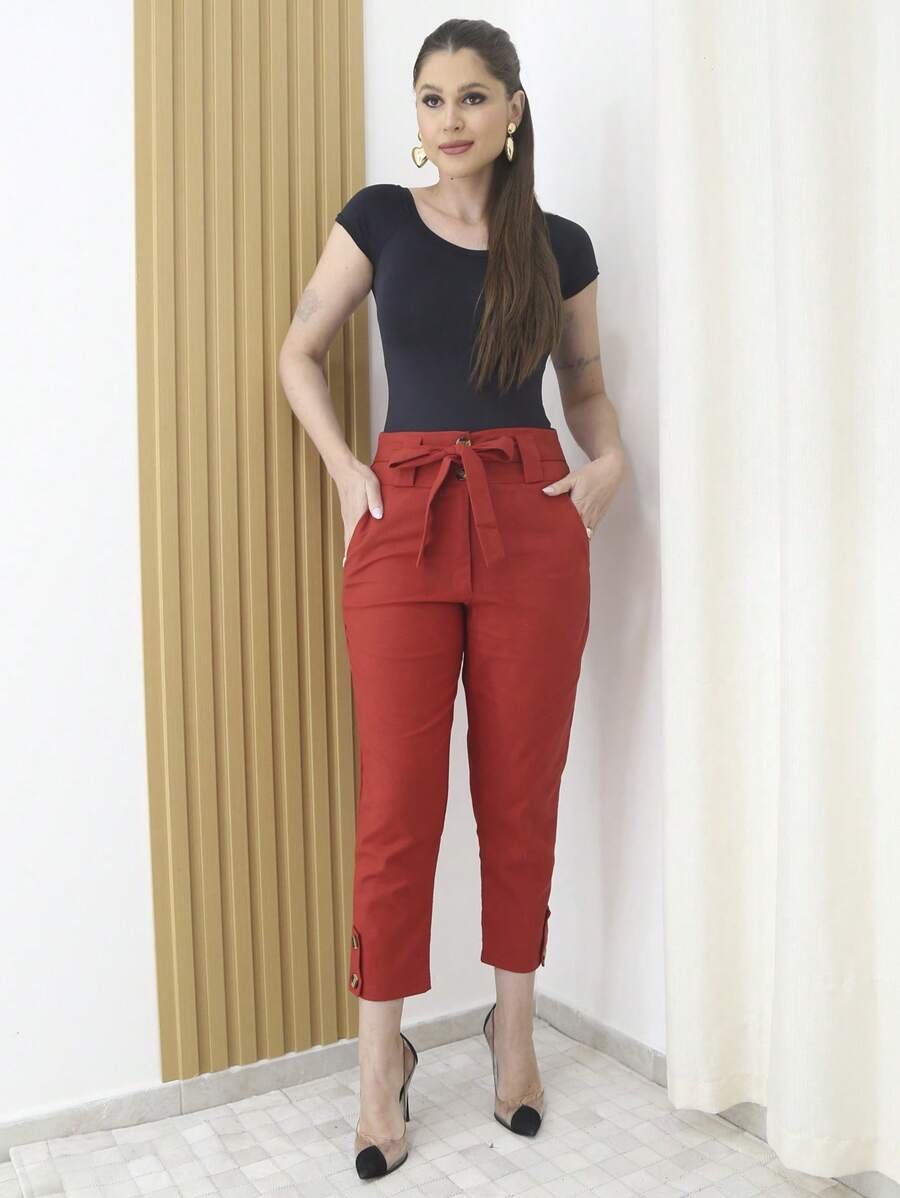 Linen Pants With High Waist Belt - 亮橙色 - 查看 1