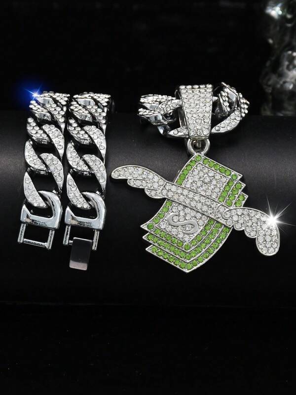 1 Stück Punk eisverkrusteter Dollar Flügel Anhänger Halskette, Glitzernd Charm Kubakette für Herren und Damen