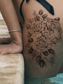 2pcs Set Black Half Arm Temporary Tattoos For Men, Animal Floral Lion Tiger Body Art Tattoo Stickers For Daily, Party, Holiday, Gift, Body Decoration, Arm, Chest, Back