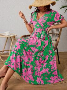 Elegant Women's Long Dress, Deep V Neck Dress, Cloth Belt Dress, Vintage Printed Dress, Lantern Sleeve Dress For Spring And Summer - 綠色 - 查看 1