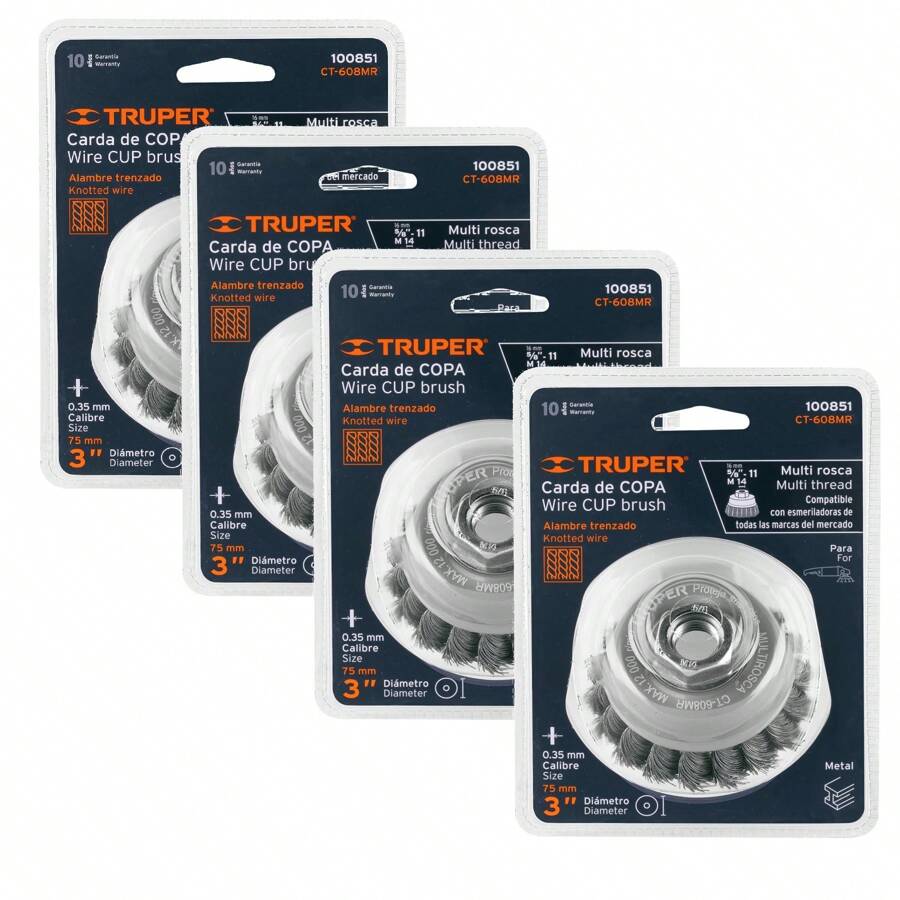 KIT 4 PZ-Carda copa 3' alambre trenzado , Multi-rosca, Truper - Plateado - Ver 1