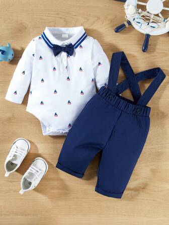 Hibobi 2 piezas Conjunto de pelele para bebé niño con estampado de animales de dibujos animados, top de manga larga y pantalón con tirantes, adecuado para niños de 0 a 1 año para primavera y otoño