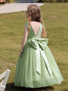 少女浅绿色花童礼服,大蝴蝶结,长款正式伴娘礼服 - 綠色 - 查看 5