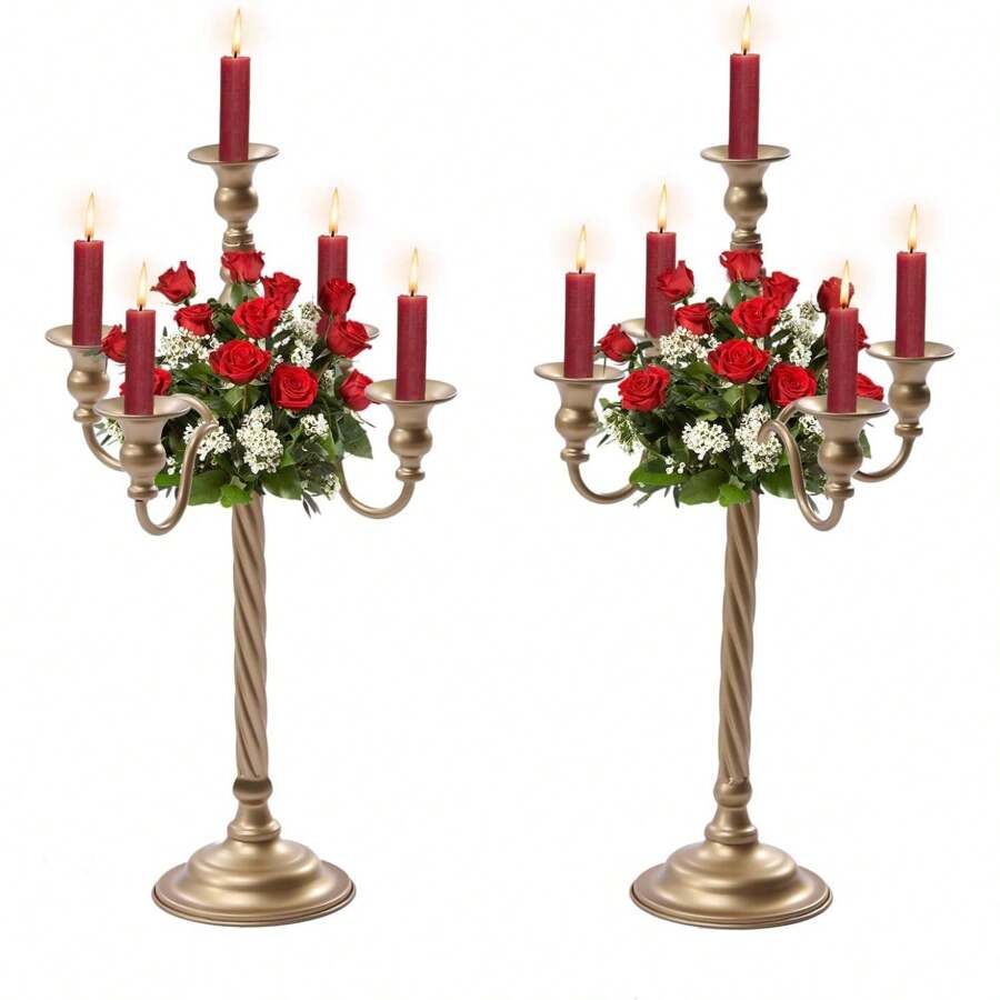 SHZICMY 2 Pcs Gold Candelabra Candle Stand - 21in Tall Metal Candlestick Holder 5 Arms Candelabra Table Centerpiece For Wedding Fireplace Home Halloween Church Decor Fast Arrival DIY Tool Kit - 金色 - 查看 1