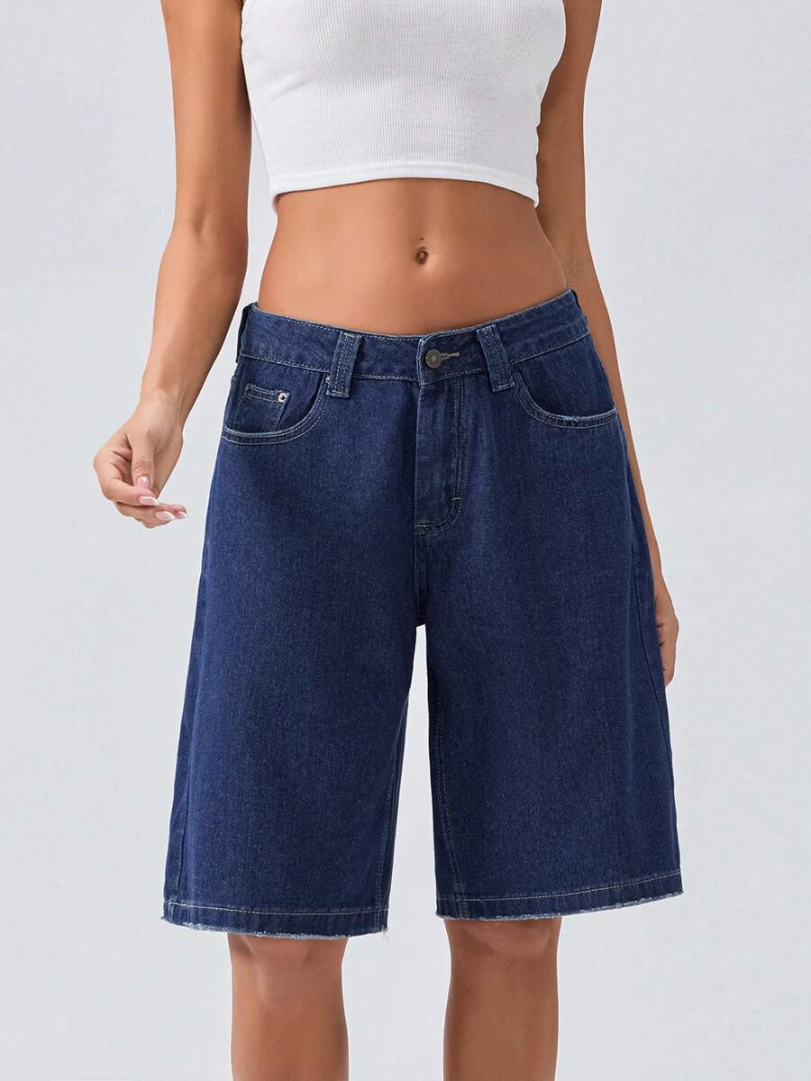 Women's Knee Length Denim Shorts Loose Solid Color Low Rise Wide Leg Long Shorts With Pockets For Summer
