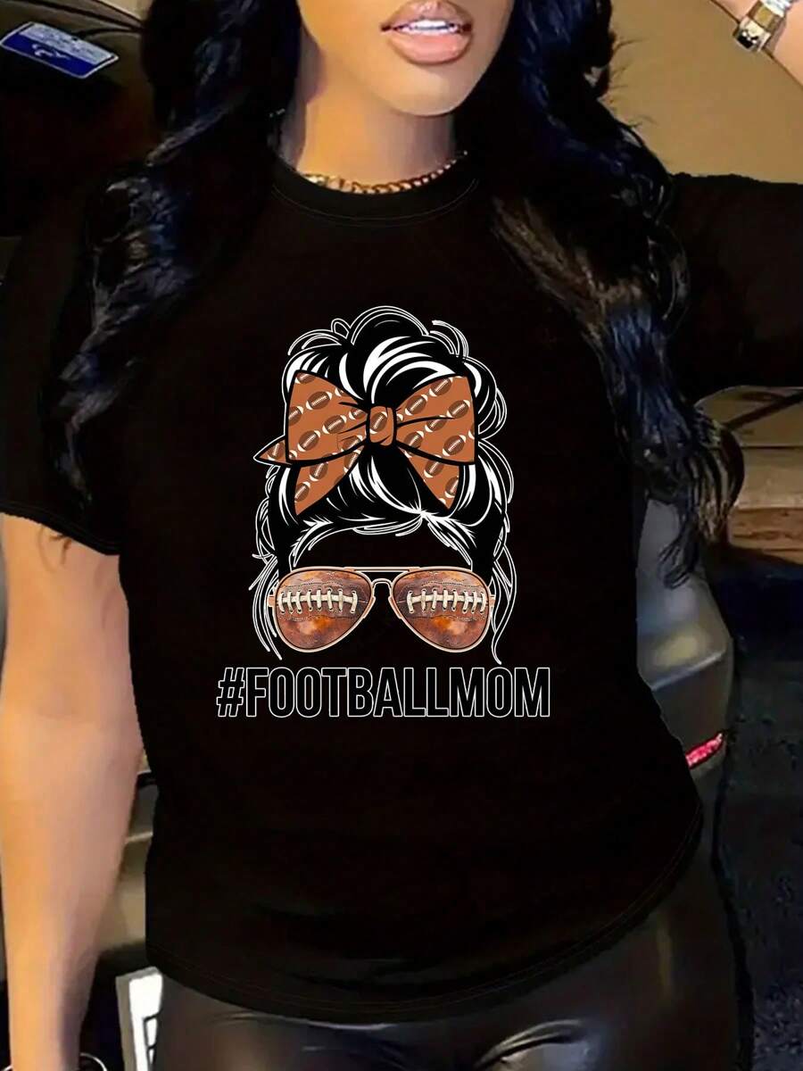 Trendy American Football Mom Shirt, Mothers Day Gift For Football Mom, Football Mama Football Wife Short Sleeve Shirt Tee Top, Football Lover Mother Day Gift, Football Season Trendy Mother Day Gift - 黑色 - 查看 1