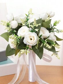 10英寸心形水晶新娘捧花，蕾丝蝴蝶结丝绸玫瑰婚礼仪式道具，毕业舞会礼物