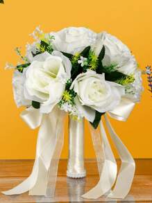 10英寸心形水晶新娘捧花，蕾丝蝴蝶结丝绸玫瑰婚礼仪式道具，毕业舞会礼物