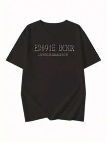 Women's Round Neck Loose Casual Butterfly & Letter Print Short Sleeve T-Shirt, Spring/Summer - Black - View 4