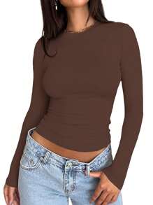 QGEMANWU Camisetas de manga larga con cuello redondo, ajuste delgado, básicas y casuales para salir, para mujer - color chocolate - Ver 2