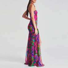 Women Tube Top Dress Slim Strapless Backless Mesh Patchwork Maxi Dress Leopard Print High Slit Long Dress Party Club Night Dress Clubwear - Màu tím - Xem 2