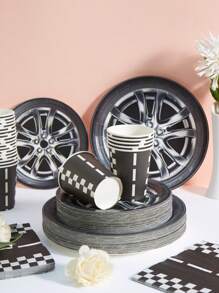Conjunto de pratos, guardanapos e copos descartáveis em formato de roda de carro, para festas, adequado para 25 convidados, ideal para festas de aniversário e piqueniques em família - Multicolorido - Ver 3
