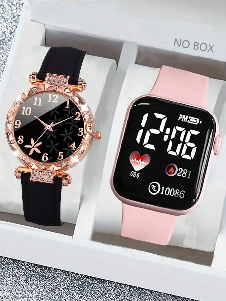 2 件时尚简约硅胶心形 LED 数字手表，石英表设计，送给她的礼物，适合度假和休闲穿着 - 彩色 - 查看 1
