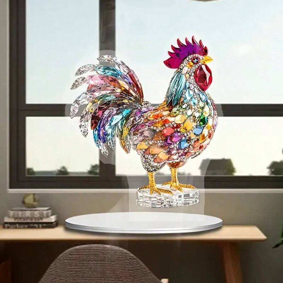 带支架的优雅亚克力公鸡雕像 - 2D 水晶动物桌面装饰，非常适合圣诞节和情人节桌面展示，理想的办公室礼物、标志、桌面装饰 - 彩色 - 查看 1