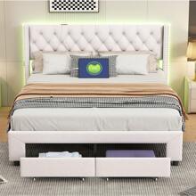 Box Bed 140x190, 160x200, 180x200cm, With 2 Pull-Out Drawers, Diamond Pattern Design, Adult Bed, Double Bed, Velvet, Beige - 米色 - 查看 4