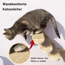Katzen-Kletterwand, 4 Etagen Katzen-Treppewand, Katzenleiter, Katzenmöbel, aus Massivholz und Juteseil, für Katze Klettern/Spielen/Faulenzen - Holzfarbe - Übersicht 6