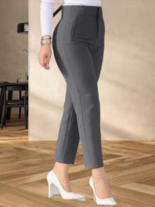 Pantalón con pinzas de cintura alta para dama - Gris - Ver 3