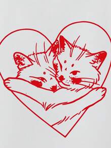 Nowa wiosenna prosta stylowa czerwona linia serca kota grafika dziewczęca bawełniana solidna bluza z kapturem z opadającymi ramionami, luźna bluza z okrągłym dekoltem z podszewką z polaru, luźna swobodna sportowa uliczna szkoła styl wygodny długi rękaw top, odzież dla dziewcząt w wieku nastoletnim