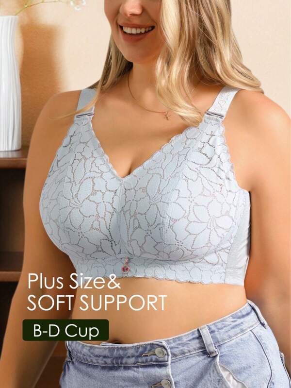 Plus Size Women Romantic French Lace Sexy Lingerie, Thin, Flattering, Wireless, Lift And Support Bra For Big Bust, Spring/Summer