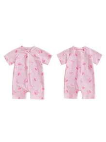 Toddler Girl Rash Guard Swimsuit Cherry/Bow Print Zipper Short Sleeve Zip Up Bathing Suit - Peach - View 3