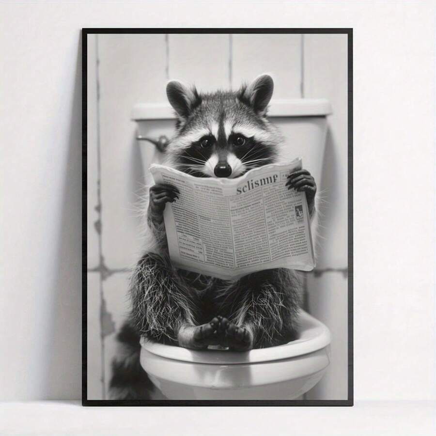 Funny Raccoon Reading Newspaper On Toilet Canvas Art Print - Humorous Animal Wall Decor For Bathroom, Bedroom, Living Room - Frameless Modern/Vintage Style Poster Gifts Birthday Graduation